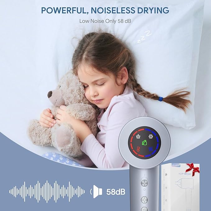 Hair Dryer High-Speed Ionic Low Noise Blow Dryer with Brushless Motor for Fast Drying Thermo-Control Quiet Compact Hair Blow Dryer Hairdryer with 1 Nozzle Attachments for Home Salon Travel