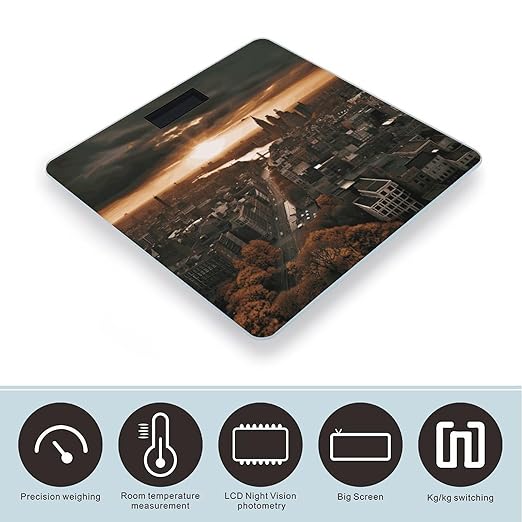 York City Sunset Picture Bathroom Scale for Body Weight with High Precision Large LCD Backlight Display Digital Weighing Scale with BMI Capacity Up to 180kg