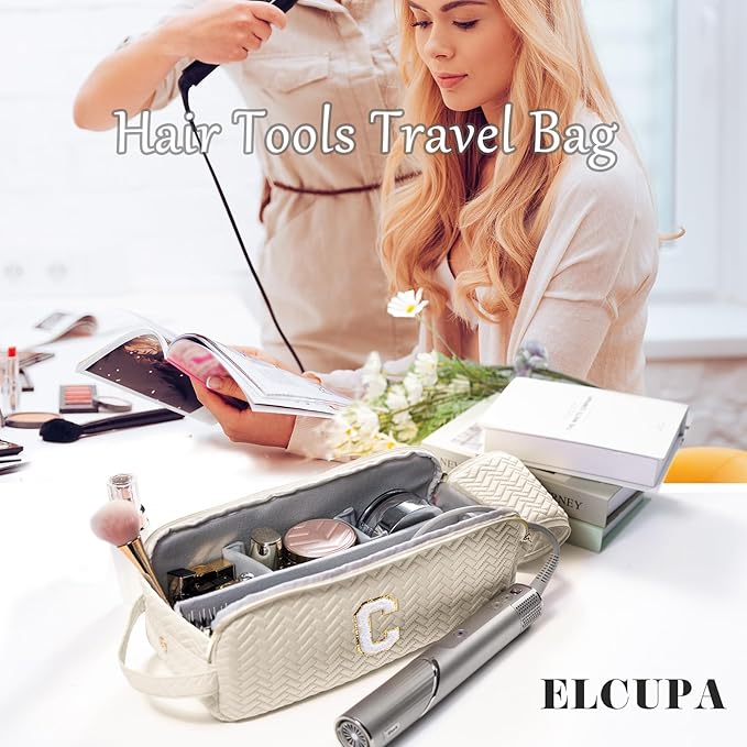 Initial Personalized Hair Tools Travel Bag Compatible with Shark FlexStyle Revlon &amp Dyson | Hair Dryer Brush Organizer Flat Iron Curling Iron Makeup &amp Cosmetic Bag for Travel Essentials