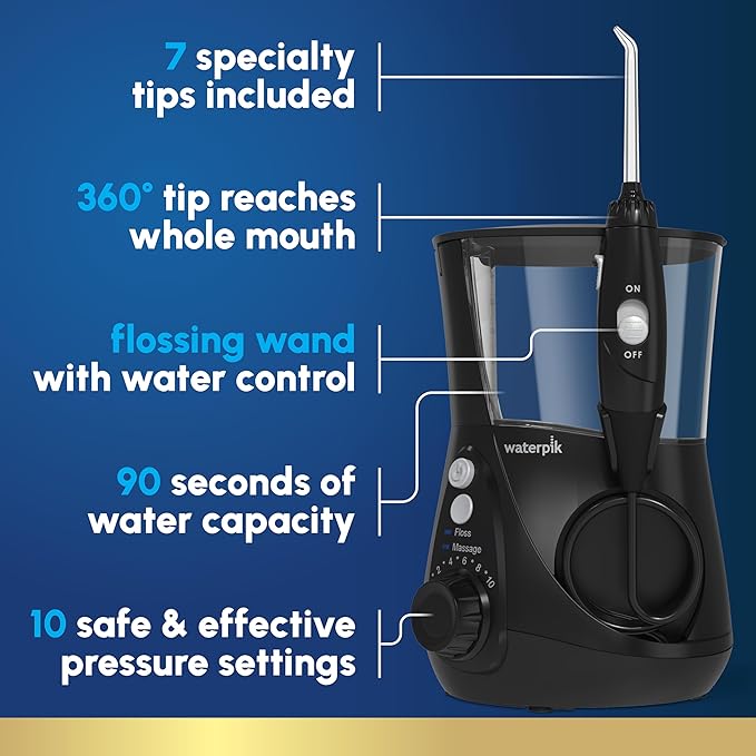 Waterpik Aquarius Water Flosser For Teeth Cleaning Gums Braces Dental Care Electric Power With 10 Settings 7 Tips For Multiple Users And Needs ADA Accepted Black WP-662 Packaging May Vary