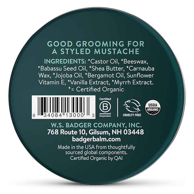 Badger Mustache Wax Medium Hold Light Masculine Scent Easy to Apply Certified Organic Versatile Moustache &amp Beard Wax .75 oz Tin 2-Pack