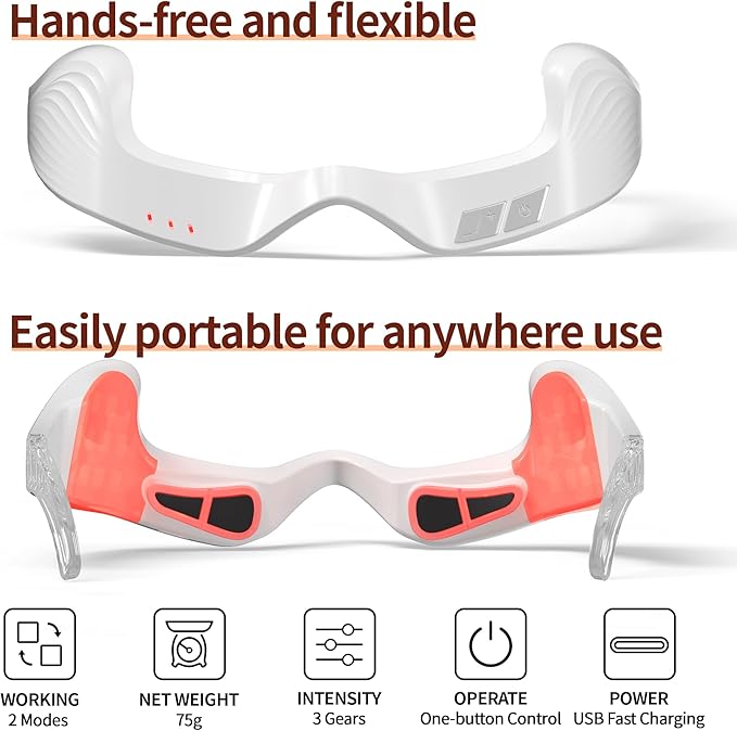 Under Eye Red Light Therapy Device 650nm Red Light Therapy Eye Massager for Relieve Eye Bags Eye Fatigue Dark Circles with Glasses Strap Light-Weight Hands-Free Use (White)