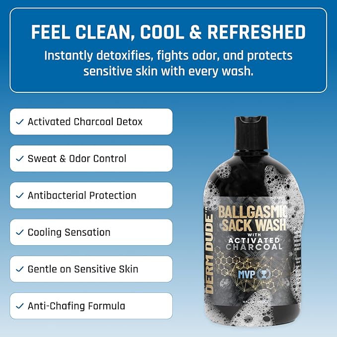 Derm Dude BallGasmic Ball Wash for Men – Anti-Chafing Body Wash with Activated Charcoal for Private Parts | Antibacterial Groin Cleanser &amp Odor Control Shower Gel – MVP Scent 16oz