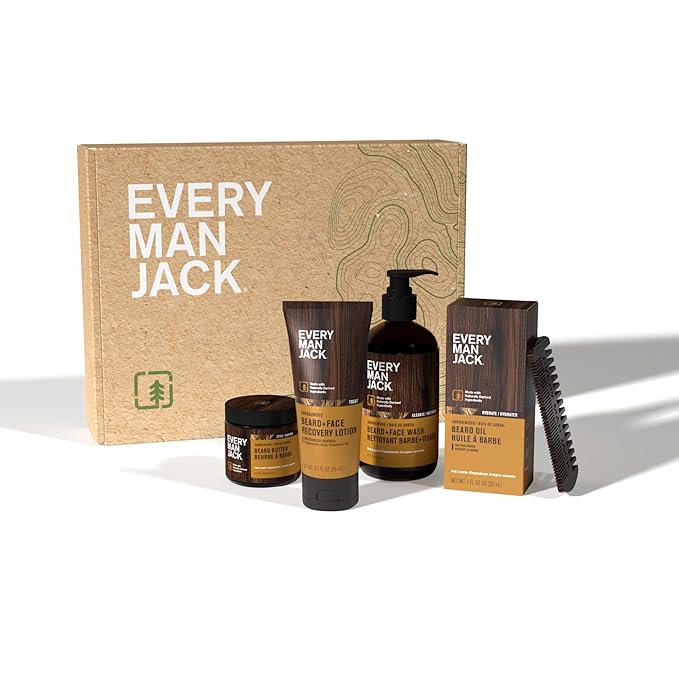 Every Man Jack Beard Essentials Gift Set for Men – Complete Routine with 5 Full-Size Essentials – Sandalwood Scent - Beard &amp Face Wash Lotion Oil Butter &amp Comb