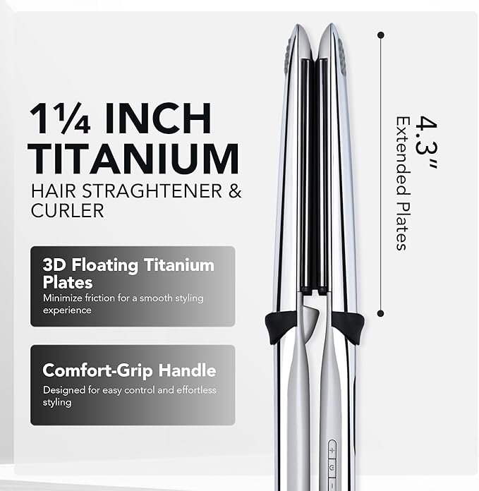 Professional Titanium Flat Iron 1 1/4 Floating Plates 2-in-1 Hair Straightener &amp Curler 10 Temps up to 480°F Negative Ion Dual Voltage Fast Heating Hair Tool – Gray