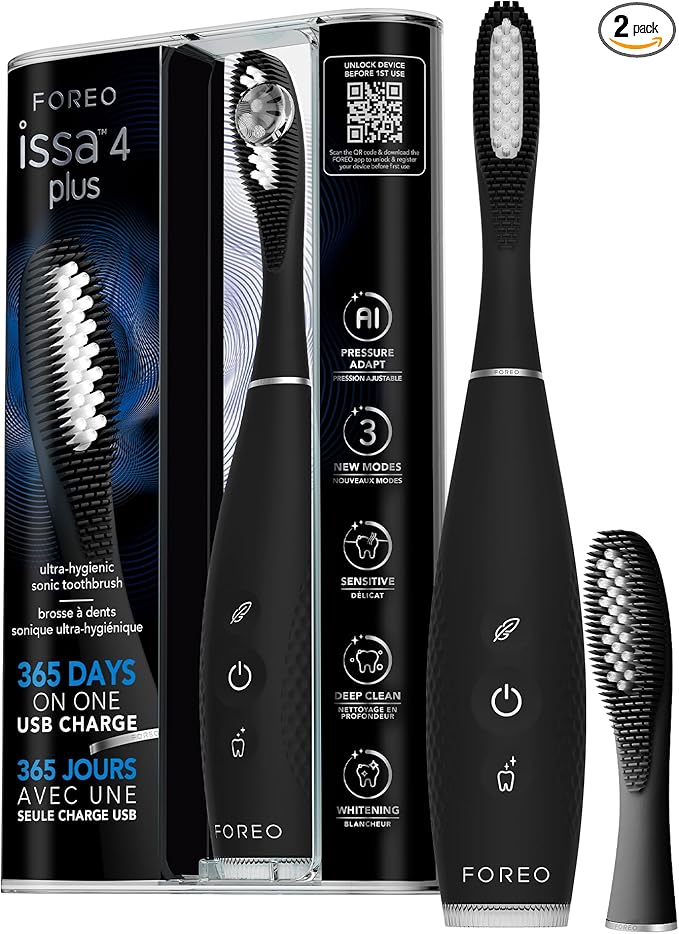 FOREO ISSA 4 Plus Sonic Electric Toothbrush - 4-in-1 AI-Guided Rechargeable Toothbrush Bundle with Extra Silicone &amp Polymer Hybrid Brush Head Soft Bristles Whitening Teeth - Black