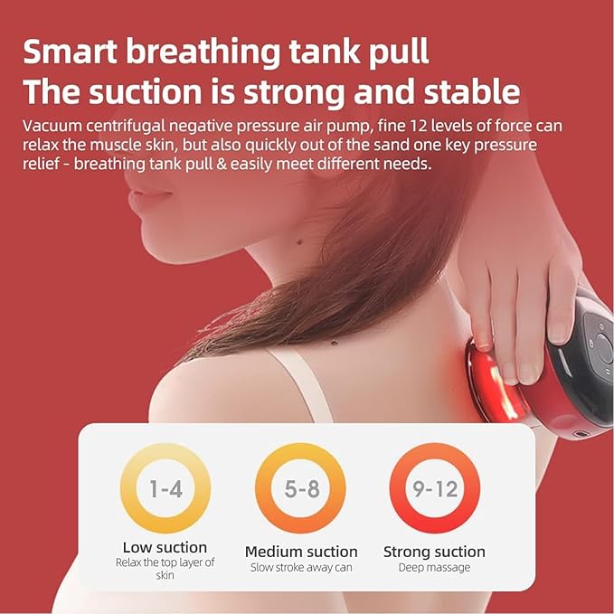 Cupping Device 2-in-1 Smart Electric Gua Sha Tool with Adjustable Suction &amp Heat Cupping Therapy Cordless Type-C Rechargeable Cupping Kit with 12 Levels Suction and Heat (Black)