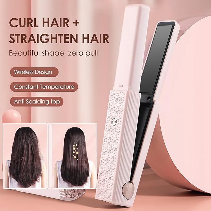 Cordless Hair Straighteners and Curler Travel Wireless Portable USB Rechargeable Straightener Mini Flat Iron Curling Wand with Ceramic Plate for All Hair Types (Color : Green)