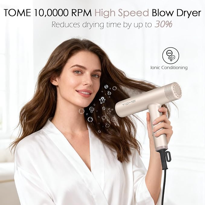 TOME Hair Dryer 1875W High-Speed EC Motor 100000 RPM Ionic Blow Dryer Salon Performance for Precision Styling Cool Shot Lock 3 Heat 3 Speed 2 Nozzles Comb Nozzle Diffuser 125V (Pink)