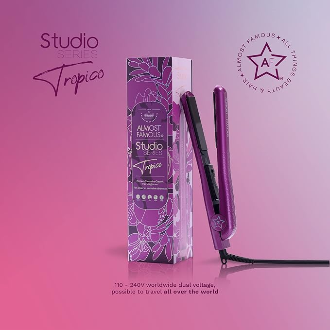 Almost Famous Tropico Tourmaline Ceramic 1.25 Professional Hair Straightener Flat Iron Pro for Hair Styling Tourmaline Ceramic Panel with Adjustable Temperature - (Purple (Updated Model)