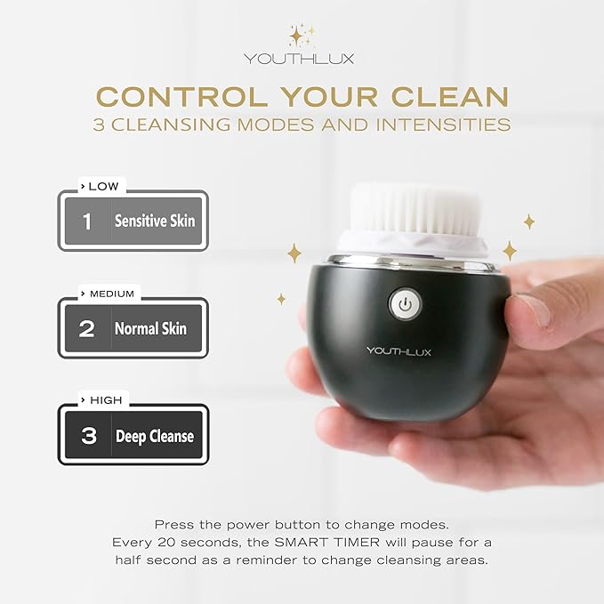 Pure Radiance Vibrating Facial Cleansing Brush Electric 3 Modes 3 Brush Heads (2 Bristle1 Silicone) Waterproof Rechargeable Smart Timer Exfoliating Massage (Black)