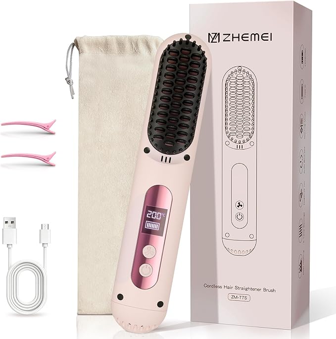 Cordless Hair Straightener Brush Portable Hair Straightener with Cooling Mode Negative Ions for Frizz-Free Shine &amp LED Display USB-C Charging &amp Fast Heating Gift for Women