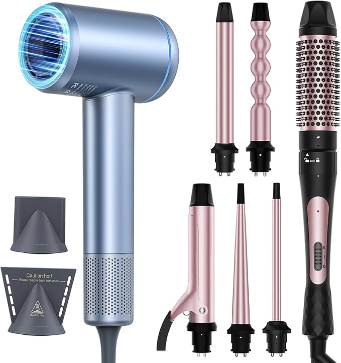 High Speed Hair Dryer and 6 in 1 Curling Wand with Bubble Curling