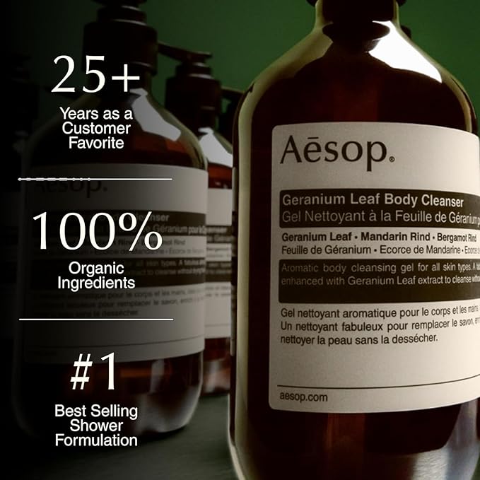 Aesop Geranium Leaf Body Cleanser | Gentle Shower Gel with Geranium Mandarin and Bergamot Essential Oil Blend to Refresh &amp Balance Skin | 500 mL / 16.9 oz (Pack of 3)