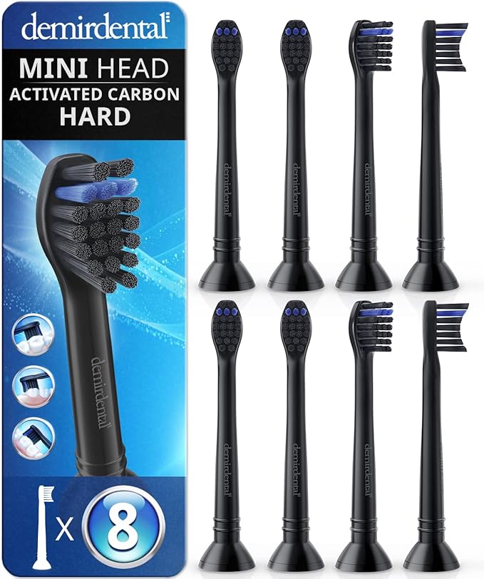 demirdental Charcoal Mini Hard Replacement Brush Heads Compatible with Philips Sonicare – Small Hard Brush Precision Cleaning - Black - Replaces HX4088B – 8 Pack