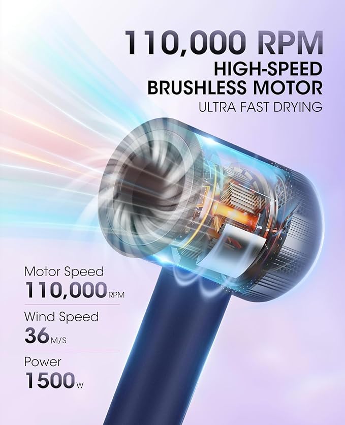 Hair Dryer110000 RPM High-Speed Brushless Motor for Fast Drying with HD Digital Display Low Noise Compact Hair Blow Dryer for Curly Hair for Home Travel Salon #201Purple Blue