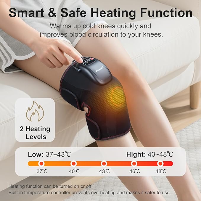 FIT KING Air Compression Knee Massager Heated Knee Brace Wrap with 3 Modes and 3 Intensities Shiatsu-Like Massage for Pain Relief Ideal Gifts for Men Women (Pair)
