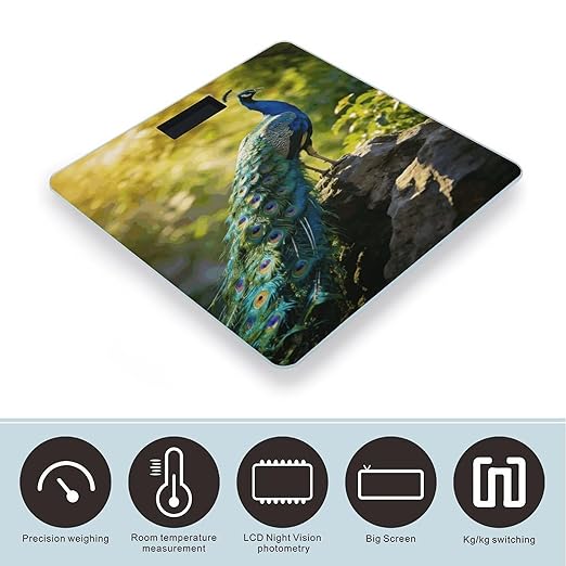 Beautiful Peacock Weight ScaleClear LED Display Bathroom Digital Weighing ScaleTempered Glass Digital Bathroom Scale for Body Weight Capacity Up to 400 Lbs