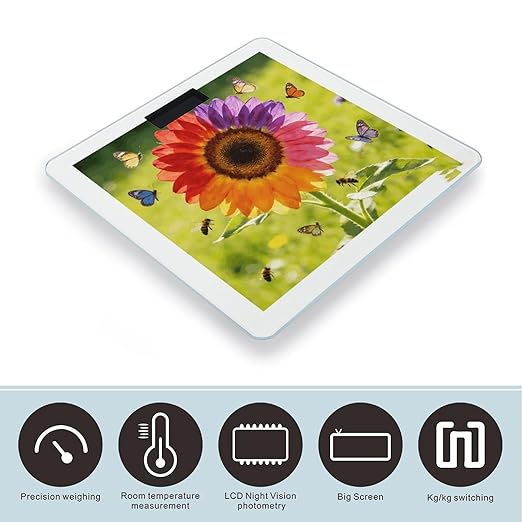 Colorful Sunflower Weight ScaleClear LED Display Bathroom Digital Weighing ScaleTempered Glass Digital Bathroom Scale for Body Weight Capacity Up to 400 Lbs