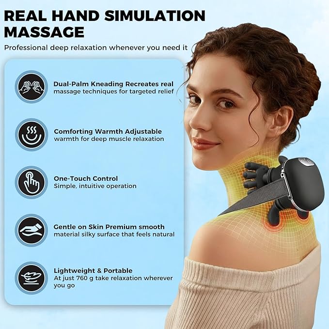 Shoulder &amp Neck Massager with Heat 4D Bionic Heated Neck Massager with Fingers Simulates a Real Palm Massage for Comfort 3 Intensity Levels + 2 Heat Settings Relax Muscle Tension