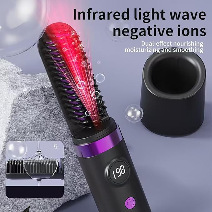 2026 New Cordless Hair Straightener Brush Portable Rechargeable Straightening Comb with LCD Display 3 Temperature Settings Fast Heating Anti-Frizz Hair USB Rechargeable Travel Hair Brus（Black）
