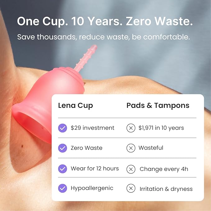Lena Sensitive Menstrual Cup - Size Large - Ultra-Soft Reusable Silicone Period Cup for Sensitive Anatomy 12-Hour Comfort Gentle &amp Leak-Free Protection (LENA-COR-L)