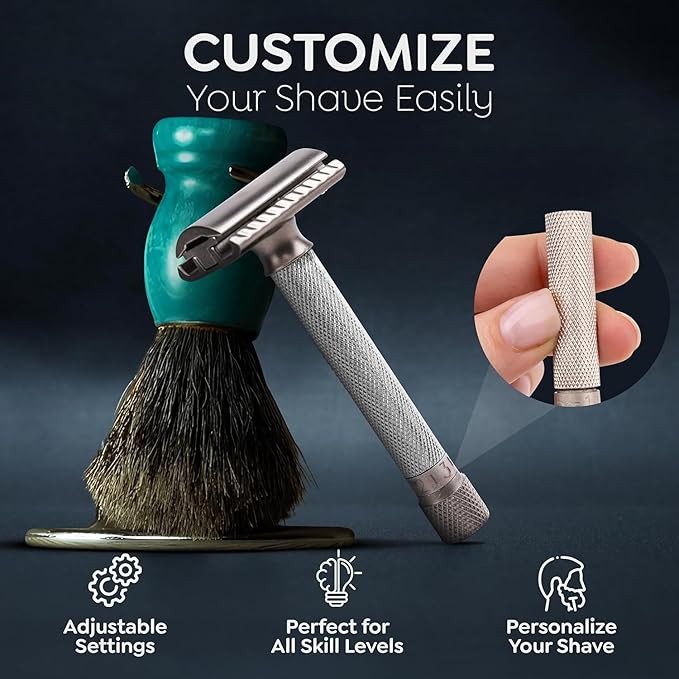 Parker THE VARIANT CLOSED COMB - ADJUSTABLE Double Edge Safety Razor Customize your Shave with a Turn of the Dial from Mild to Aggressive - 5 Blades Included (SATIN CHROME)