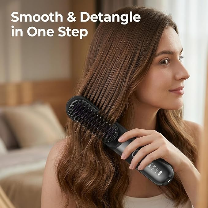 Cordless Hair Straightener Brush Hair Straightening Brush Portable Travel Size Hair Straightener for Women Mini Rechargeable Hair Straightener Comb Electric Hair Brush (Pink)