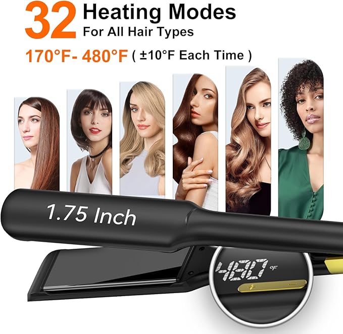 UKLISS MCH Heating Hair Straightener 2 in 1  1.75 Inch Wide Plates 170℉ to 480℉ Wide Temperature Range 30-Second Fast Heat Up Reduces Heat Damage (Black)