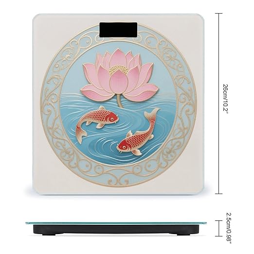 Goldfish and Lotus Mural Pattern Scale for Body Weight Sturdy Tempered Glass Weighing Scales with LCD Display Accurate Digital Bathroom Scale Convenient Body Fat Smart Scales Easy Read