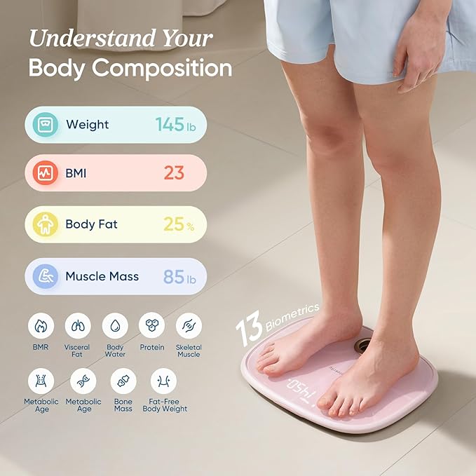 Etekcity Rechargeable Pink Smart Scale for Body Weight BMI Fat Muscle Mass Digital Bathroom Scale with 13 Metrics Secret Mode Bluetooth Connect to Free Apps Cotton Candy Pink
