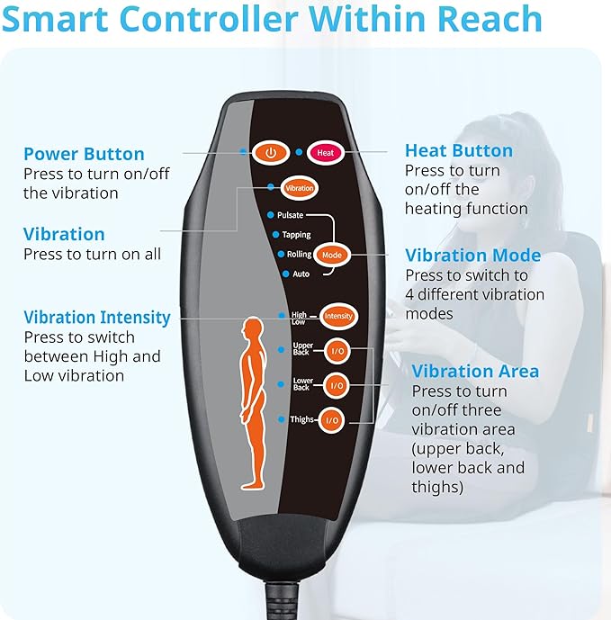 10 Vibration Motors Massage Seat Cushion with HeatBack Massager for Chair Back Massager Heated Seat Cover Massage Chair Pad for Pain Relief Home Office Use