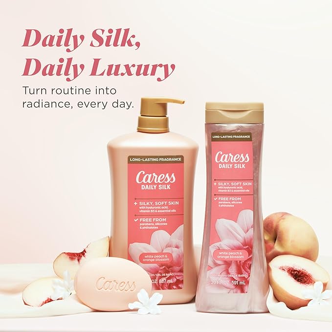 Caress Body Wash for Women Daily Silk White Peach &amp Orange Blossom Shower Gel Body Wash Moisturizing for Noticeably Silky Soft Skin 20 fl oz 4 Pack