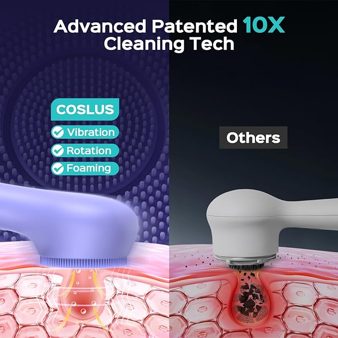COSLUS FBS03 Face Scrubber Facial Cleansing Brush: 2 in 1 Spin and Vibration Patented Silicone Electric Exfoliator Scrubber with Automatic Foaming Waterproof Face Cleanser Brush for Men and Women