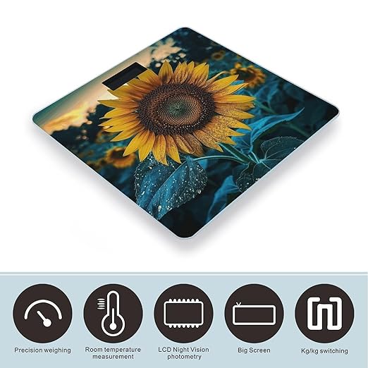The Most Beautiful Sunflower Scale for Body Weight Anti-Slip Tempered Glass Digital Bathroom Scales Clear LCD Display Weighing Scale Safe Rounded Corners Smart Scales