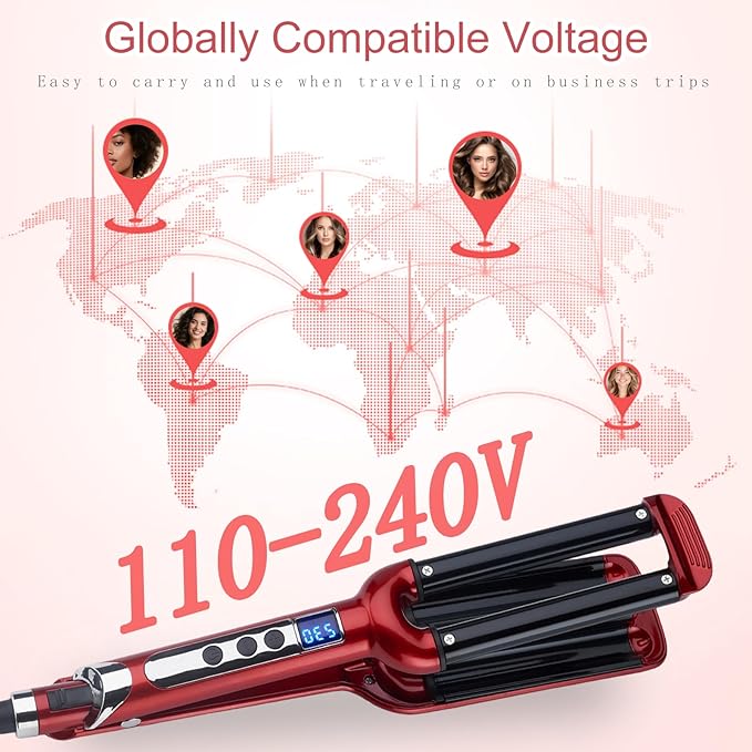 Wave Curling Iron 3 Barrel Hair Tool with Adjustable Temperature 100°C to 230°C for Women Fast Heating Anti-Scald 0.6 Inch Hair Crimper with Intelligent Power Off for All Hair Types (Red)