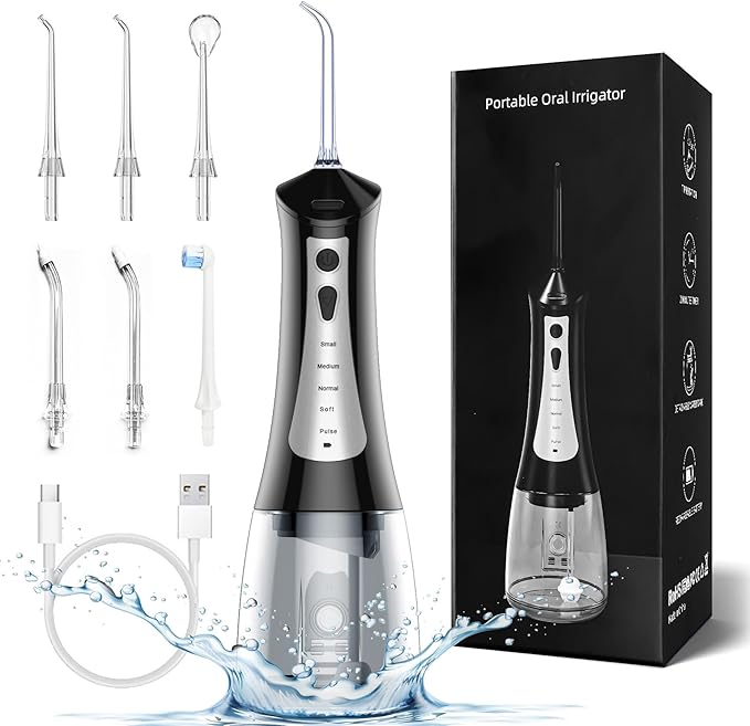 Cordless Water Flosser for Teeth Cleaning 300ML Portable Electric Water Flossers with 5 Modes &amp 6 Jet Tips for Braces Gums Teeth Cleaning IPX7 Waterproof Oral Irrigator for Adults/Kids Black