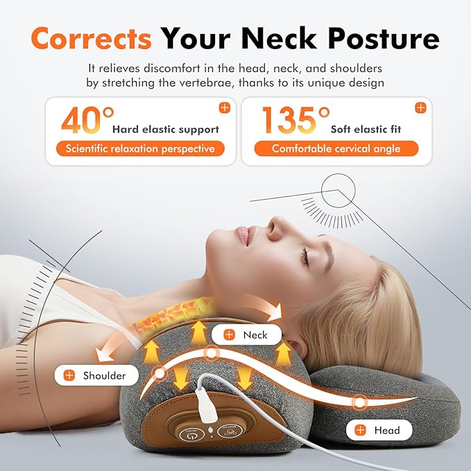 Neck Pillow - 3-in-1 Wireless Neck Pillow with Battery Travel Neck Massage Pillow for Shoulder Pain Relief Deep Tissue Pain Relief with Heat and Stretching Neck Hump Corrector for Women