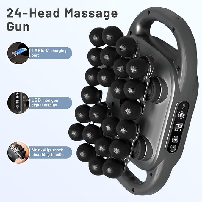 Kalamera Massage Gun with 24 Heads Quiet Handheld &amp Hands-Free Muscle Massager for Workout Recovery Office Relaxation and Home Use Rechargeable for Back Shoulders Legs &amp Feet