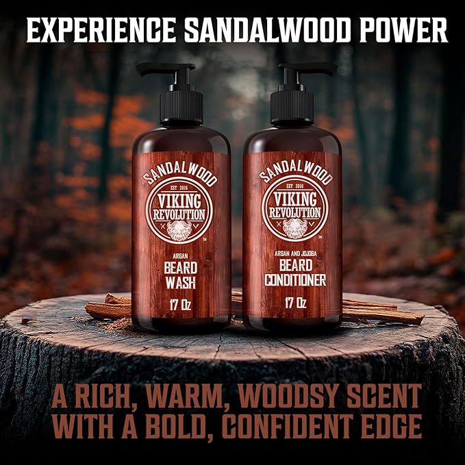 Viking Revolution Beard Wash &amp Beard Conditioner Set with Argan &amp Jojoba Oils - Softens and Strengthens - Natural Sandalwood Scent - Beard Shampoo with Beard Oil (17 oz)