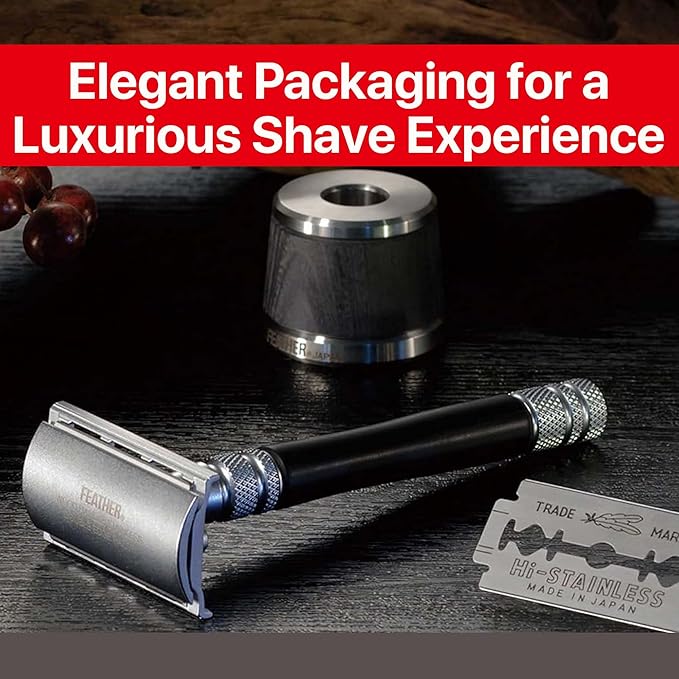 Feather - Wood Handle Stainless Double Edge Razor with Wood Inlay Stainless Steel Stand - With Resin-Impregnated Handle &amp Stand - Includes 5 Hi-Stainless Blades - Made in Japan
