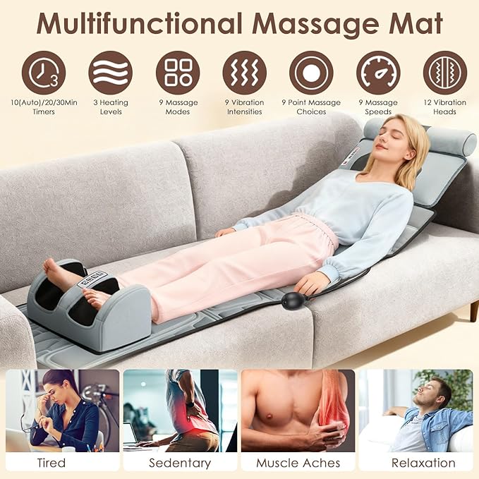 Full Body Massage Mat with Heat&ampVibration -Flannel Shiatsu Back Massager Heat Timer Neck&amp Foot Massager Lumbar Pillow&ampHead Pillow - Massage Chair Pad w Anti-Slip Bottom for Stress Relief/G