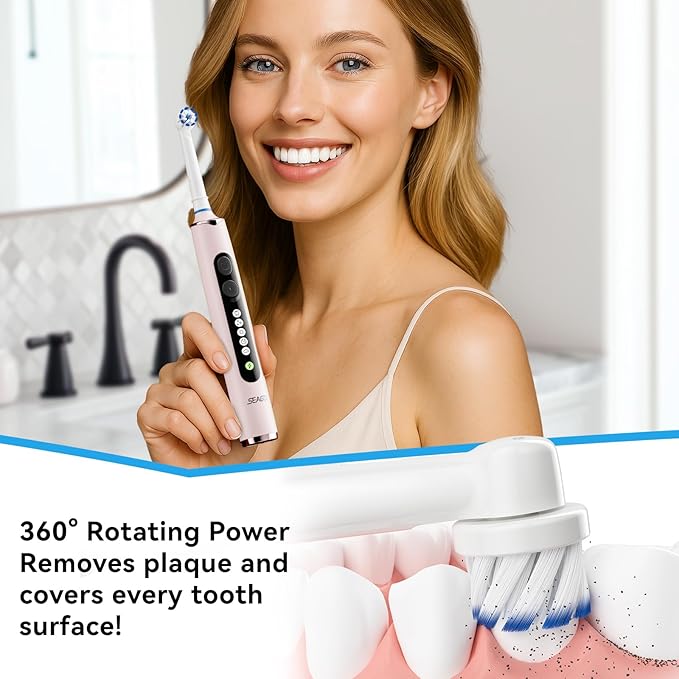 SEAGO Soft Round Electric Toothbrushes with 8 Spin Brush Heads 5 Cleaning Modes Rechargeable Sonic Toothbrush with Timer and Travel Case for Adults and Kids(SG-2607-Pink