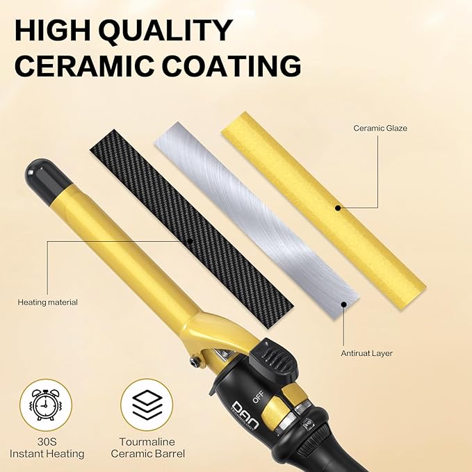 DAN Technology 3/4 Inch Curling Iron Wand for Classic Natural Curls Tourmaline Ceramic Hair Curler with 180°F–430°F Adjustable Temperature Fast Heating Dual Voltage Auto Shut-Off Black &amp Gold