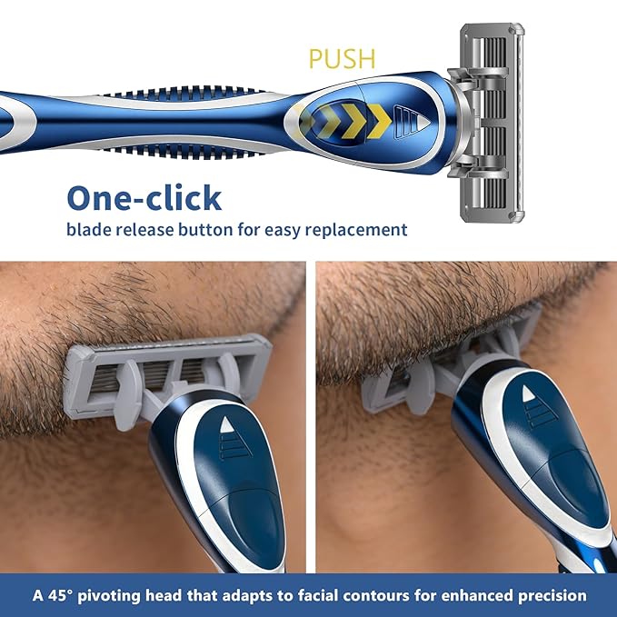 6-Blade Manual Razor for Men with Lubricating Strip 1 Ergonomic Non-Slip Handle Includes 8pack Razor Blade Refill Cartridges with Hanging Hook &amp Cleaning Brush Full Washable Design