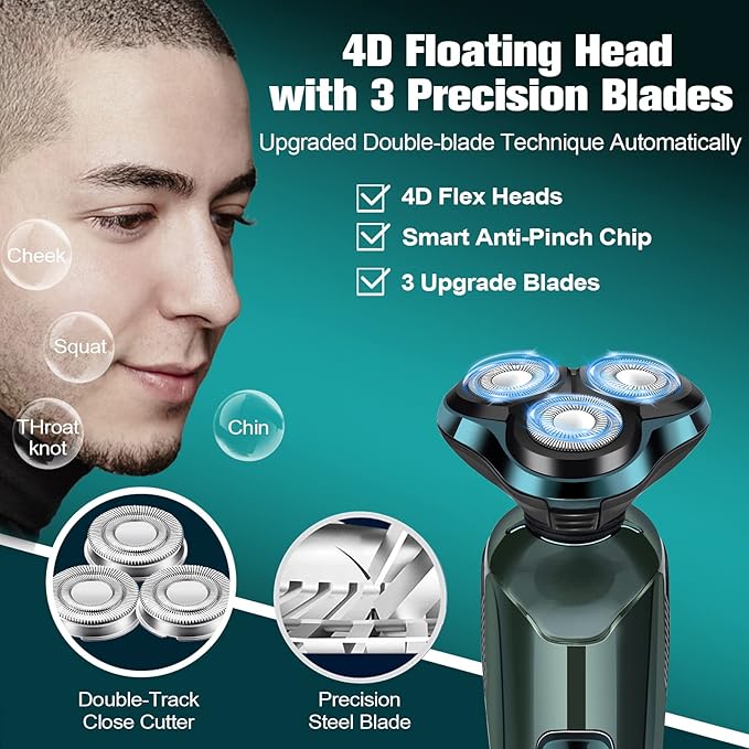 Electric Razor for Men 3-in-1 Shaver with Floating Blades for Nose Hair &ampSideburnsReplacement Blades Pop-up Trimmer IPX7 Waterproof Travel Lock Wet &amp Dry Use Face Shaving Grooming Trave