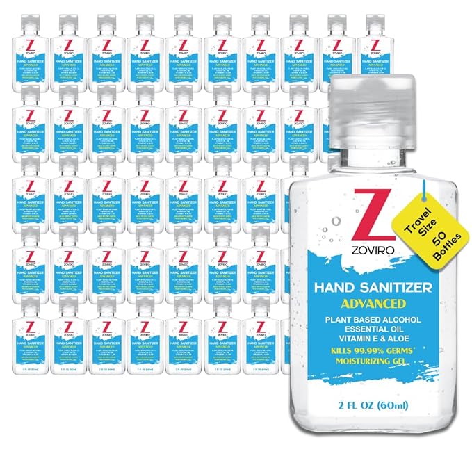 Zoviro Hand Sanitizer Gel 2 Fl Oz Flip-Cap Bottle Moisturizing with Essential Oils and Aloe Refreshing Scent Rinse-Free Formula Mini Hand Sanitizer Travel Size (Pack of 50)