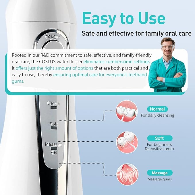 COSLUS Water Dental Flosser Teeth Pick C20(F5020E): Portable Cordless Oral Irrigator 300ML Rechargeable Travel Irrigation Cleaner IPX7 Waterproof Electric Flossing Machine for Teeth Cleaning White
