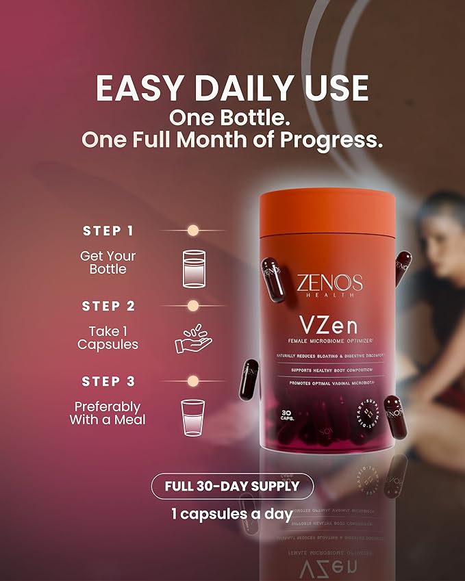 Zenos Health VZen Vaginal Probiotics for Women – Probiotics and Prebiotics for Digestive Health &amp Bloating Relief for Women – Improve Gut Health Urinary Tract &amp Daily Wellness - Made in USA