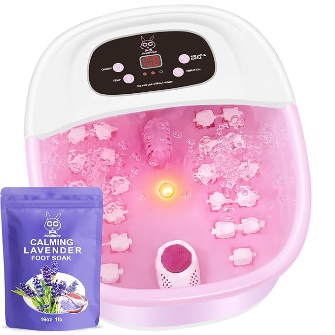 Foot Spa Bath Massager with Heat Bubbles and Vibration Massage and Jets 16 OZ Calming Lavender Foot Soak Epsom Salt Foot Soaker with Red Light 22 Massage Rollers Adjustable Temp - Pink